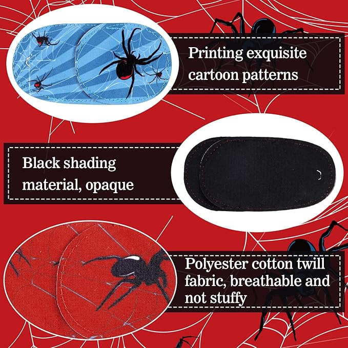 Newcotte 12 Pcs Eye Patch for Kids Toddler Reusable Adjustable Girls Boys Eyepatch for Glasses Left or Right Eye Patch, Assorted Patterns(Spider)