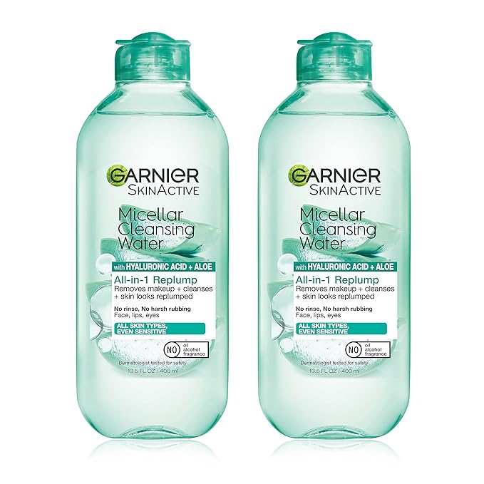 Garnier Micellar Water with Hyaluronic Acid, Facial Cleanser & Makeup Remover, Hydrating and Plumping, For All Skin Types, Vegan, Cruelty Free, 13.5 Fl Oz (400mL), 2 Count