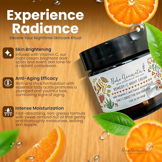 Vitamin C Night Cream for Face, Brightening Vitamin C Moisturizer Face Cream – Hydrating Rich Night Cream in Eco-Friendly Glass Jar, cruelty free by Boho Aromatic Remedy-C
