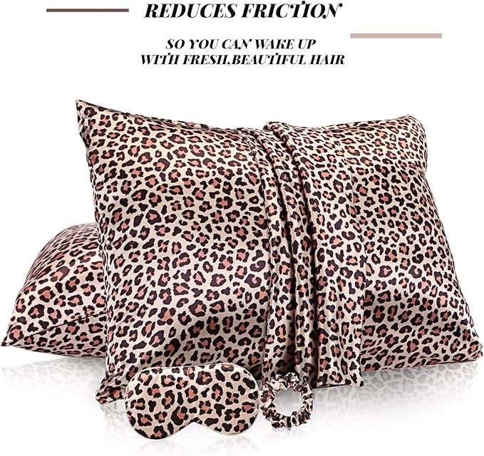 2 Pack Satin Pillowcase with Latent Zipper, Adjustable Satin Eye Mask for Sleeping and Satin Volume Scrunchie for Hair and Skin, Standard Size (Brown,Leopard Style)