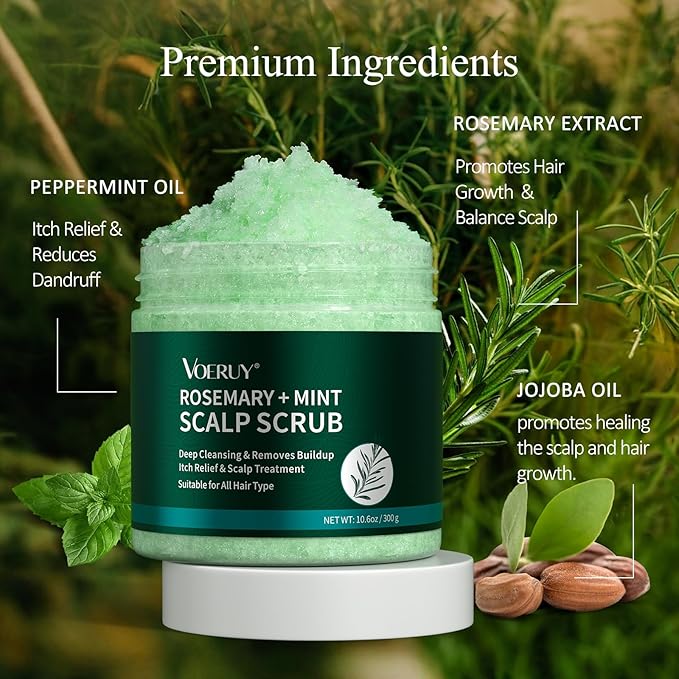 Scalp Scrub, Rosemary Scalp Exfoliator Scrub Shampoo, 2-in-1 Scalp Treatment with Mint Oil, Hair Treatment to Clarify and Remove Build Up with Silicone Scalp Massager, 10.6oz/300g