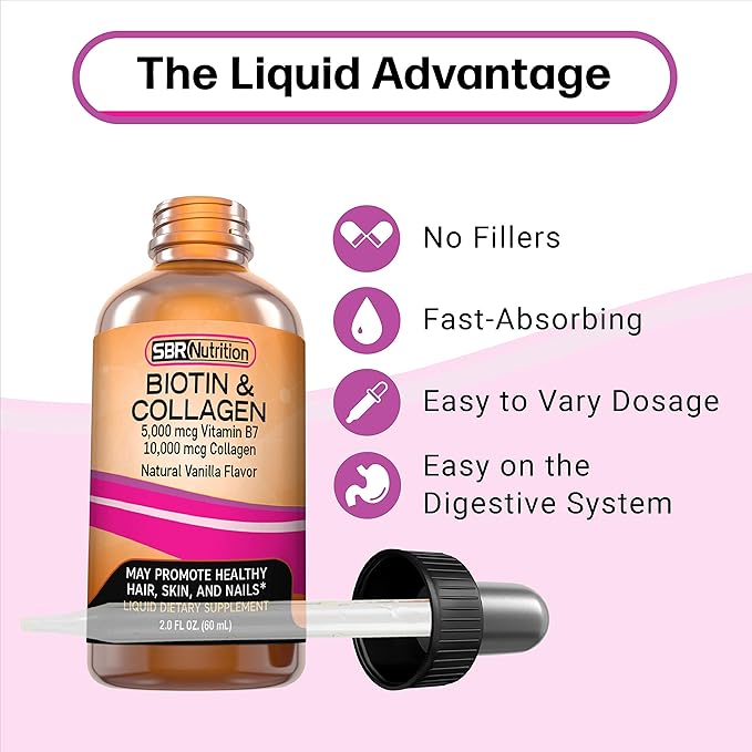 SBR Nutrition Biotin and Collagen Liquid Daily Dietary Supplement, Vitamins for Hair Growth and Thickening, Skin Health and Nail Strength, 2 oz (60mL)