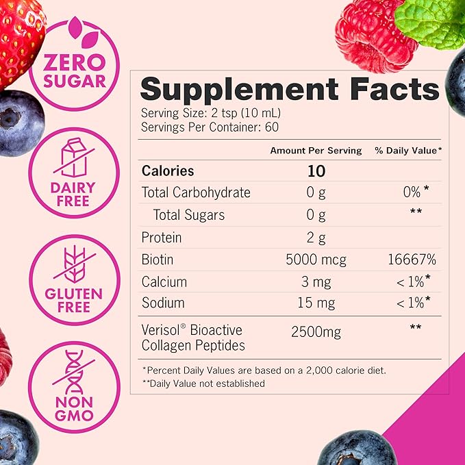Liquid Collagen Peptides and Biotin, 2500mg Verisol Bioactive Collagen Peptides, 5000mcg Biotin, Hair, Skin, Nail Supplement for Women and Men, Mixed Berry, 60 Servings, 20.3 fl oz