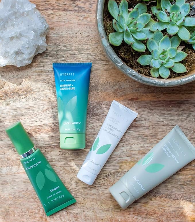 BioClarity 4-Step Clear Skin Routine: Cleanse, Treat, Restore, Hydrate, For Oily or Acne-Prone Skin, Reduces Irritation & Redness, 100% Clean Vegan Ingredients, Travel-Friendly Mini Size