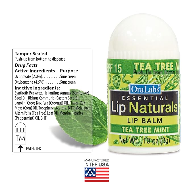 Lip Naturals Assorted Mini Lip Balms with Sunscreen (SPF-15) & Keychain - 12 Count, 3 Flavors: Tea Tree Mint, Vanilla Bean, Bing Cherry (0.10oz/3g Each) - Made in USA