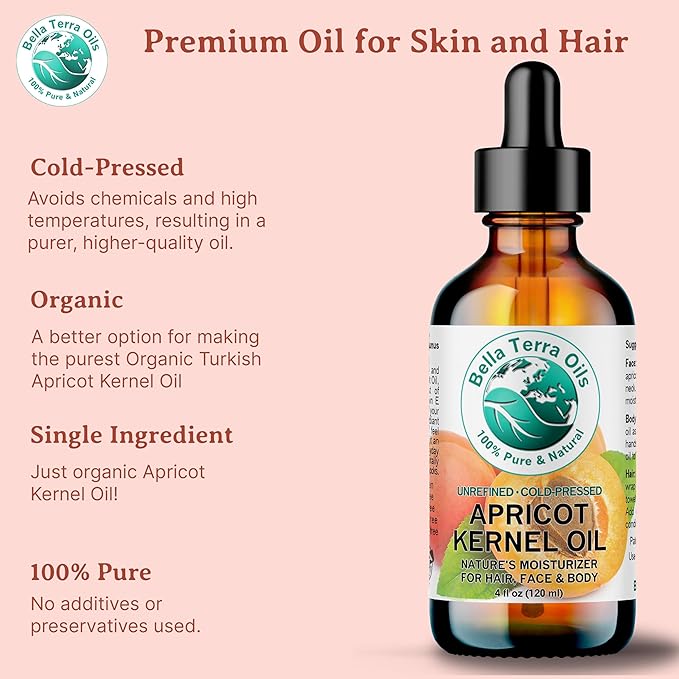 Bella Terra Oils - Organic Apricot Seed Oil 8 oz - Embrace the Bitter Organic Apricot Kernels Richness, Vitamin-Enriched, Perfect for Soothing & Moisturizing Skin