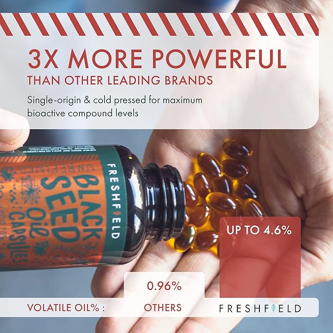 Freshfield Black Seed Oil: Up to 3X The Thymoquinone, Premium (Black Cumin Seed Oil, Nigella Sativa) | Cold Pressed | Vegan | Ultra Strength | Pure and 100% Natural. (120 Capsules)