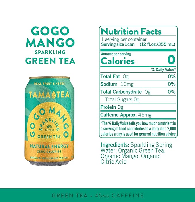 Sparkling Mango Green Tea by Tama Tea - Made with Real Fruit & Herbs - Zero Sugar, Zero Calories, Non-GMO - Naturally Energizing Green Tea High in Antioxidants & Nootropics - Pack of 12