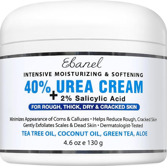 Ebanel Urea Cream 40% plus Salicylic Acid 2%, Foot Cream for Dry Cracked Heels Feet Knees Elbows Hands, Foot Dead Skin Cuticle Callus Remover Toenail Softener, Keratolytic Skin Barrier Repair