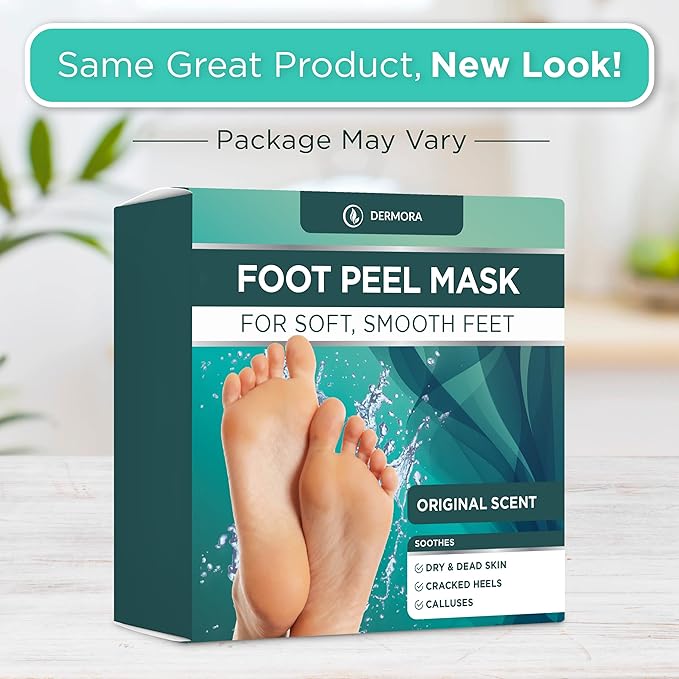 DERMORA Foot Peel Mask - 4 Pack of Regular Size Skin Exfoliating Foot Masks for Dry, Cracked Feet, Callus, Dead Skin Remover for baby soft feet, Original Scent