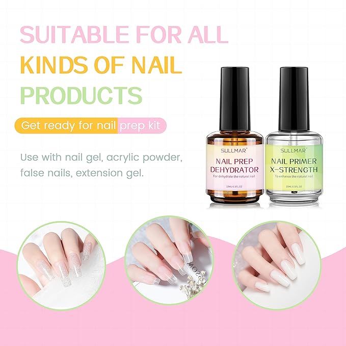 15ml Nail Prep Dehydrator&Nail Primer X-Strength Set, Nail Primer and Dehydrator for Acrylic Nails Nail Bonding Nail Care Kit with Nail Cuticle Oil and Nail Strengthener
