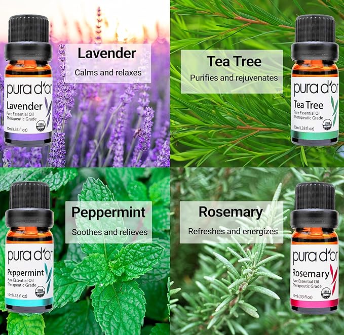 PURA D'OR Organic Perfect10 Essential Oils Set - 10x 10mL Wood Box Aromatherapy Gift Set - 100% Pure Therapeutic Grade for Relaxation and Wellness (Lavender, Peppermint, Eucalyptus, Tea Tree & More)