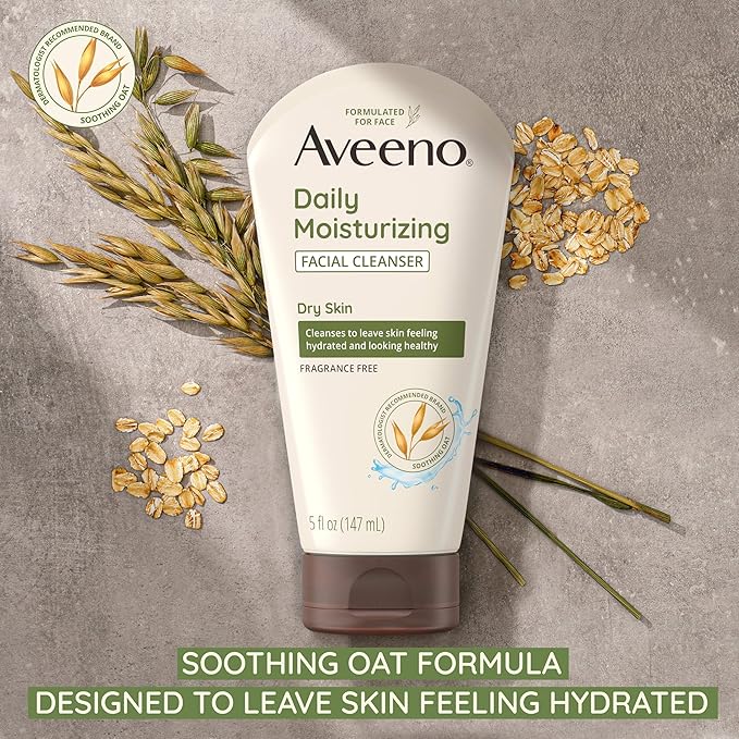 Aveeno Daily Moisturizing Facial Cleanser for Dry Skin, Hydrating Acne Face Wash with Soothing Oat for soft & Supple Skin, Free of Parabens, Sulfates, Fragrance, Dyes & Soaps, 5 fl. oz, 3 Pack
