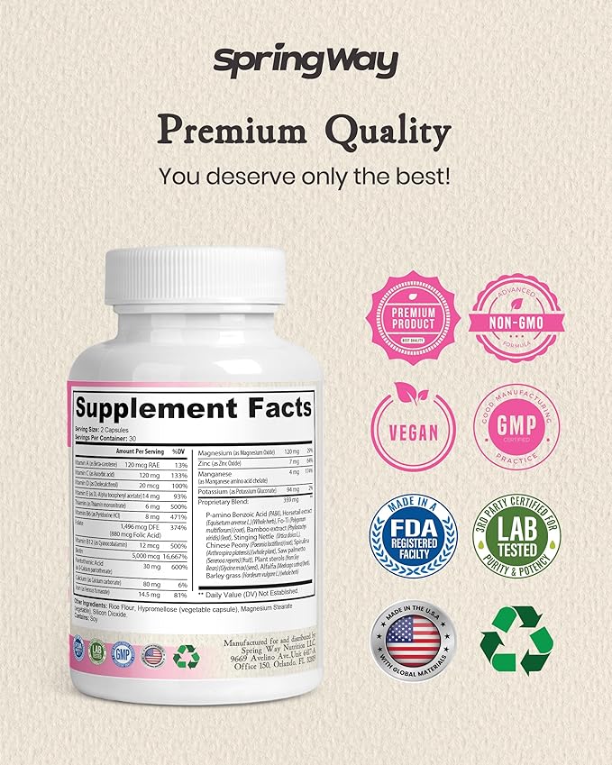 Hair Skin & Nails Blend, Ultimate Hair Nutraceutical With Biotin 5000mcg, Vitamins A, B6, C, D, Supports Healthy Hair, Supports Faster Hair Growth, Healthy Skin, Stronger Nails, 60 Capsules