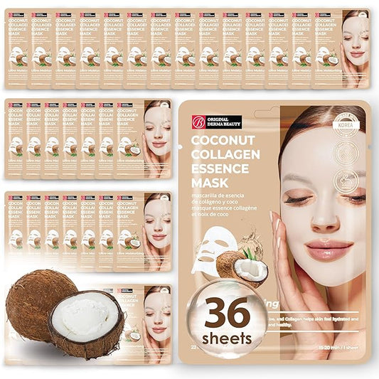Original Derma Beauty Collagen Face Masks 36 PK Vegan Ultra Moisturizing Face Masks Skincare Sheet Masks Set for Beauty & Personal Care Korean Face Mask (Coconut)