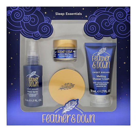 Feather & Down Sweet Dream Sleep Essentials Gift Set: 50ml Pillow Spray, 50ml Melting Shower Cream, 16g All-Purpose Sleep Balm & 50ml Sleep Butter, Vegan & Cruelty Free