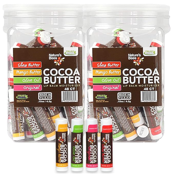 Nature's Bees Cocoa Butter Lip Balm, Original, Shea Butter, Olive Oil and Mango, Bulk Lip Care Pack for Dry Lips, Made with Coconut Oil, Beeswax, Vitamin E, Aloe, 0.15 oz 4 Flavors, 96 Pack