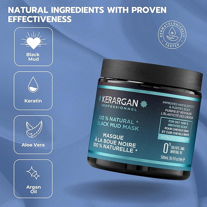 KERARGAN - Revitalizing Hair Mask with Dead Sea Black Mud - Intense Vitality for Oily Hair & Irritated Scalp - Purifies & Enhances Elasticity - Sulfate-Free, GMO-Free, Mineral Oil-Free - 16.9 Fl oz