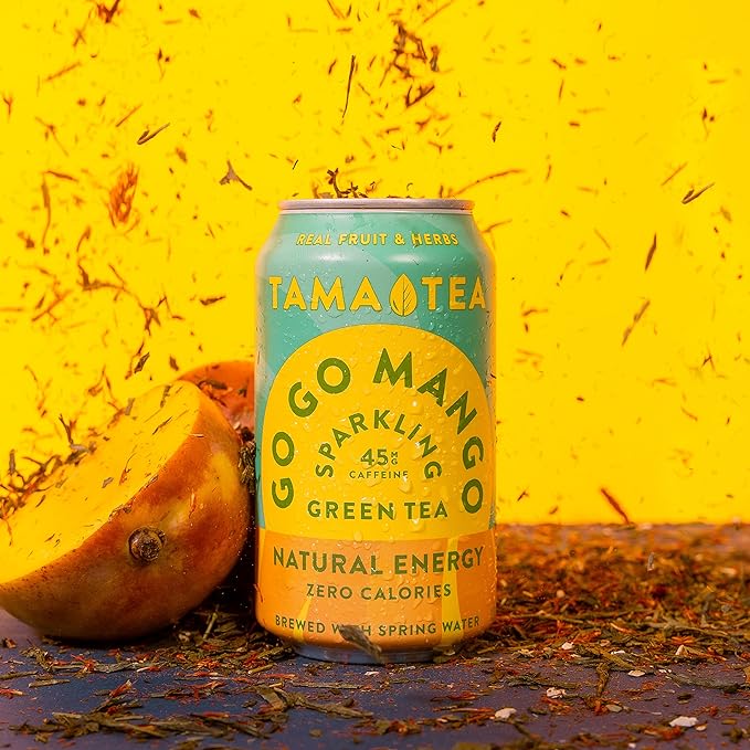 Sparkling Mango Green Tea by Tama Tea - Made with Real Fruit & Herbs - Zero Sugar, Zero Calories, Non-GMO - Naturally Energizing Green Tea High in Antioxidants & Nootropics - Pack of 12
