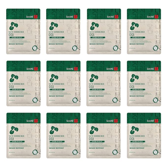Soo'AE Hanbang Mask Cica [12 Count] Best For Dry & Dehydrated Skin, Vegan, 10 Traditional Herb Extracts, Soothing & Calming, Premium Quality, Korean Skincare, Self Home Care, 12 Value Pack