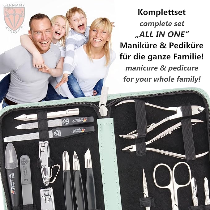 3 Swords Germany - brand quality 16 piece manicure pedicure grooming kit set fashion leather case mint, Made in Germany