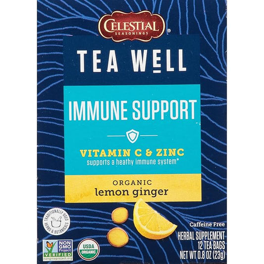 Celestial Seasonings TeaWell Herbal Tea, Lemon Ginger, Caffeine Free Organic Wellness Tea, 12 Tea Bags