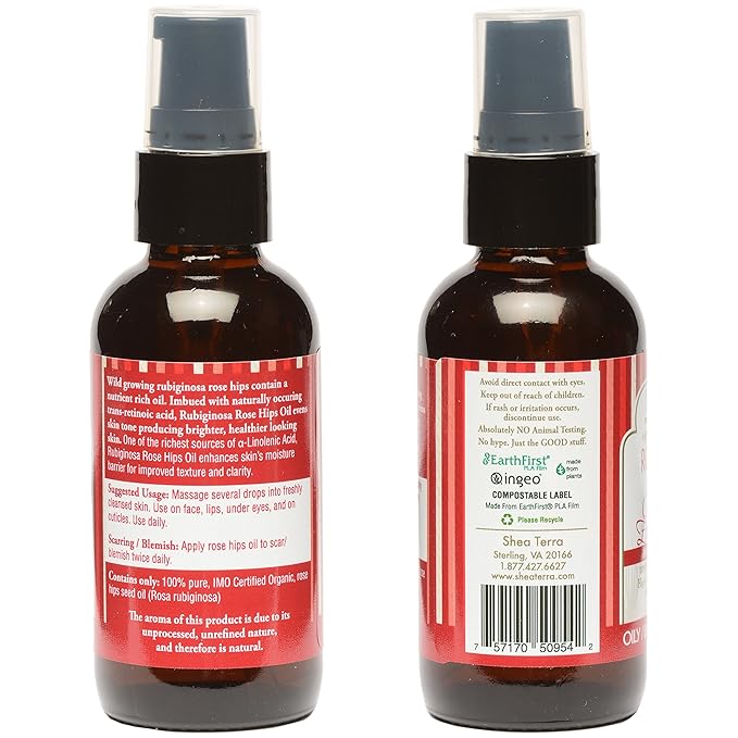 Shea Terra Rubignosa Rose Hips Cold-Pressed Extra Virgin Oil |All Natural & Organic Oil Rich in Antioxidants and Fatty Acids for Skin Repair & Rejuvenation– 2 oz