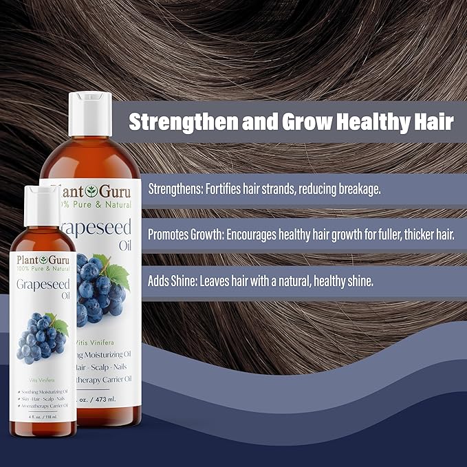 Grapeseed Oil 8 oz. Cold Pressed 100% Pure Natural Carrier For Skin, Body, Face, and Hair Growth Moisturizer. Great For Creams, Lotions, Lip balm and Soap Making.