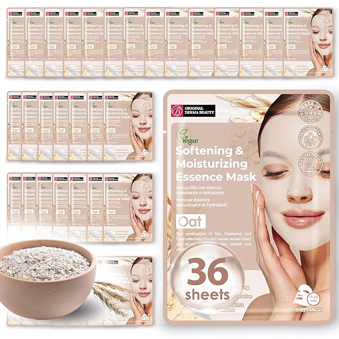 Original Derma Beauty Collagen Face Masks 36 PK Vegan Ultra Moisturizing Face Masks Skincare Sheet Masks Set for Beauty & Personal Care Korean Face Mask (Oat)