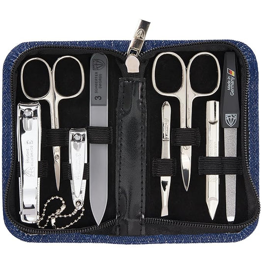 3 Swords Germany - brand quality 8 piece manicure pedicure grooming kit set textil case jeans blue - Made in Germany