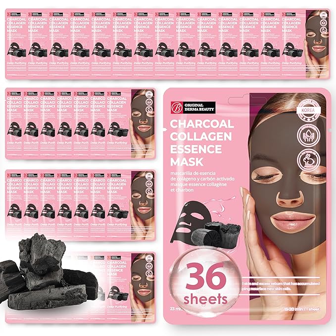 Original Derma Beauty Collagen Face Masks 36 PK Vegan Ultra Moisturizing Face Masks Skincare Sheet Masks Set for Beauty & Personal Care Korean Face Mask (Charcoal)
