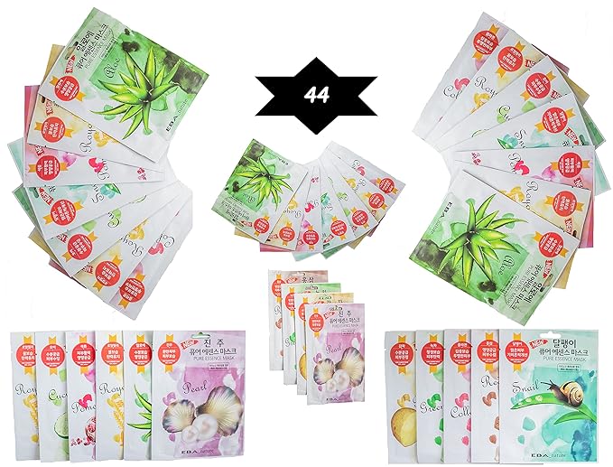 Eba nature} 44 Pcs Combo-Pack, Premium Korean Pure Essence Facial Mask Sheet (11 Types x 4 pcs), hydrating. moisturizing