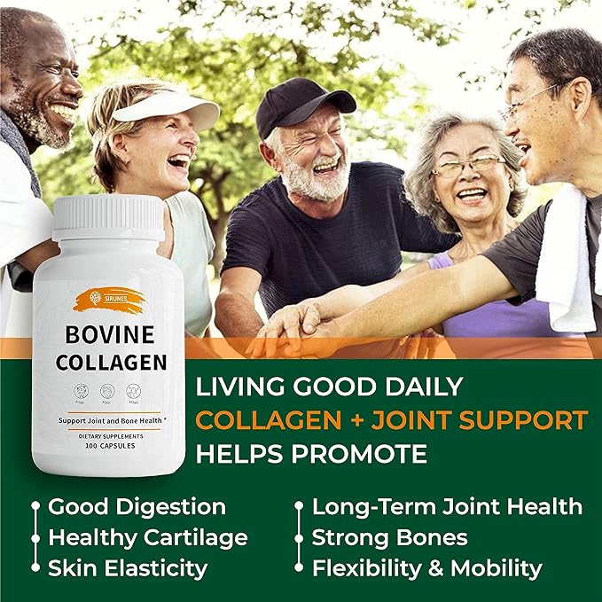 SIRUNES Bovine Collagen Supplements for Men and Women I Hydrolyzed Grass Fed Bovine Collagen Peptides Dietary Supplement for Joint, Nerve & Bone Support - Non-GMO, Anti-Aging - 100 Capsules