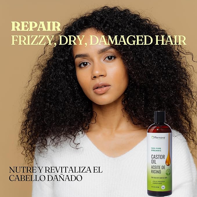 Castor Oil 16 OZ- Aceite de Ricino - Cold Pressed 100% Pure, Certified Organic, Hexane Free for Eyelashes, Eyebrows, Frizzy, Hair Growth Women and Men, Beard Growth