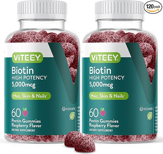 Biotin Gummies for Hair Skin Nails 5,000mcg - Hair Growth Gummies, Healthy Skin Glow, Strong Healthy Nail Growth - Vegan, Gluten Free, Gelatin Free, GMO Free - Tasty Chewable Raspberry Flavor