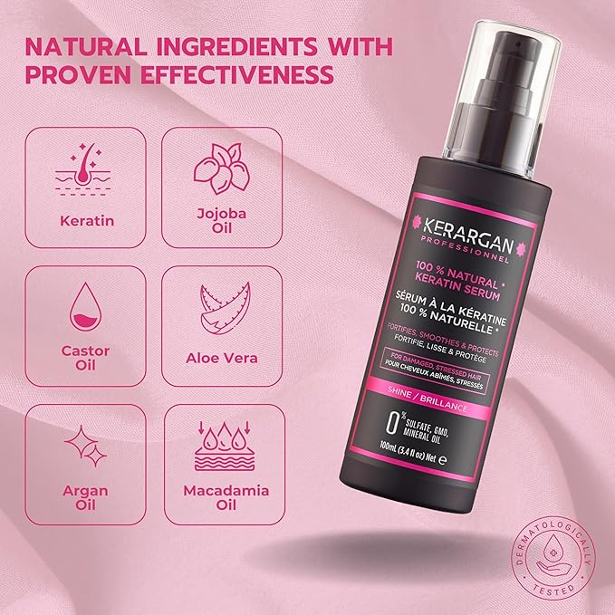 KERARGAN - Ultra Repairing Keratin Hair Serum for Damaged Hair - Protective, Smoothing - Natural Oils of Castor, Macadamia, Argan - Sulfate-Free, Non-GMO, No Mineral Oil - 3.4 Fl oz
