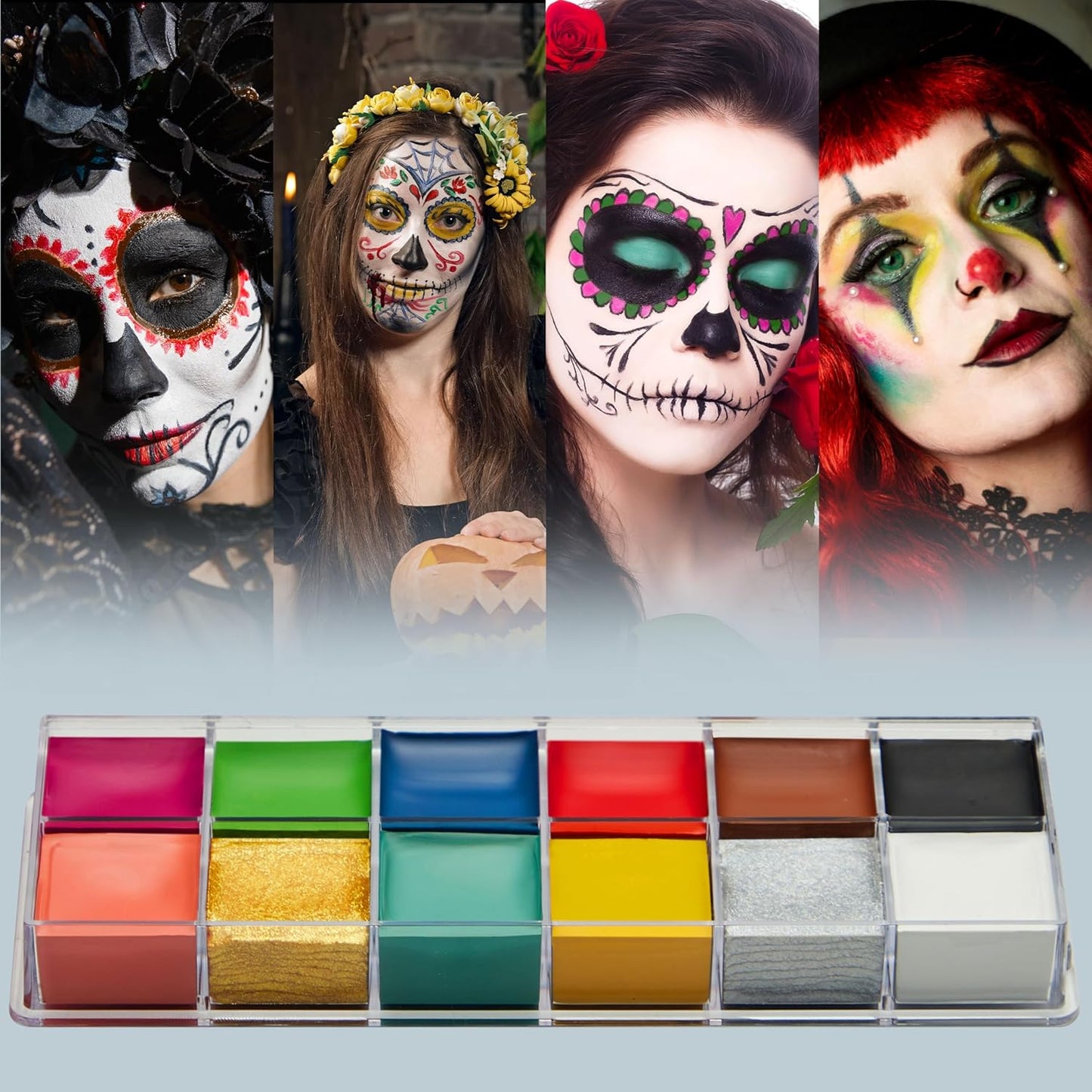 Spooktacular Creations 8 PCS Halloween Makeup Kit SFX Face Body Paint Set with Wound Scar Wax,12 Colors Face Paint Palette,Fake Blood,Spatula,Brushes for Halloween Costume,Zombie Makeup Dress Up