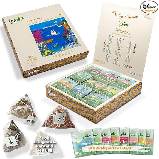 Lazika Herbal Tea Variety Pack with Lovely Presentation Box, 54 Counts, Relaxation Tea Assortment Gift Set, Premium Collection with Pyramid Infuser Bag, Handcrafted