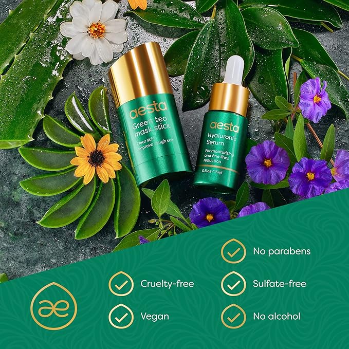 Aesta Green Tea Mask Stick + Hyaluronic Acid Serum for Face Treatment | Gradual Blackhead Remover | Pore-Cleaning, Detoxifying, Skin Care Face Serum w/Anti Aging and Anti Wrinkle Effects