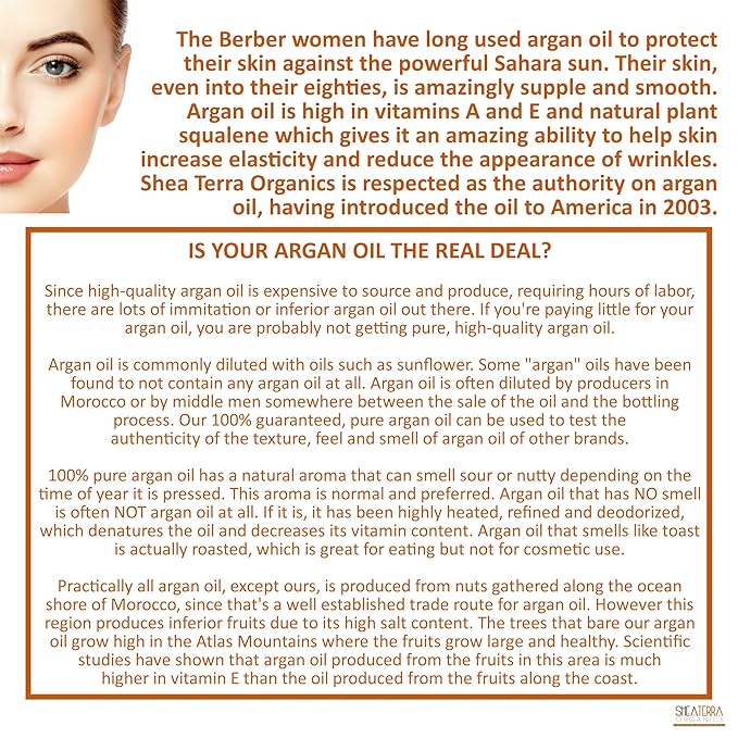 Shea Terra Moroccan Argan Cold-Pressed Extra Virgin Oil | Nutrient-Rich, All Natural & Organic Oil with Anti-Aging Vitamin A and E to Increase Skin Elasticity and Condition Dry & Damaged Hair – 4 oz