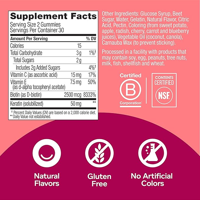 OLLY Undeniable Beauty Gummy, for Hair, Skin, Nails, Biotin, Vitamin C, Keratin, Chewable Supplement, Grapefruit, 30 Day Supply - 120 Count