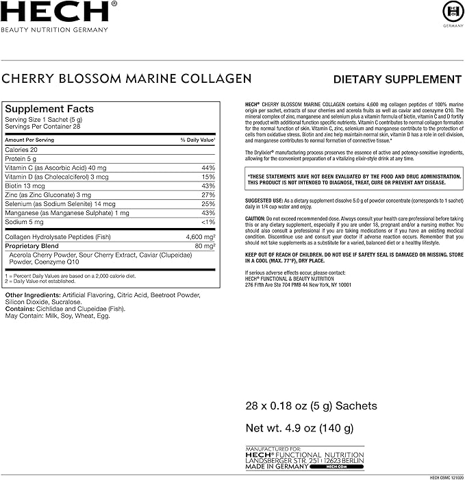 HECH Cherry Blossom Marine Collagen - Drink Sachets for Youthful Glow with 4,600 mg of Marine Collagen and an Antioxidant Matrix with Natural Plant Extracts