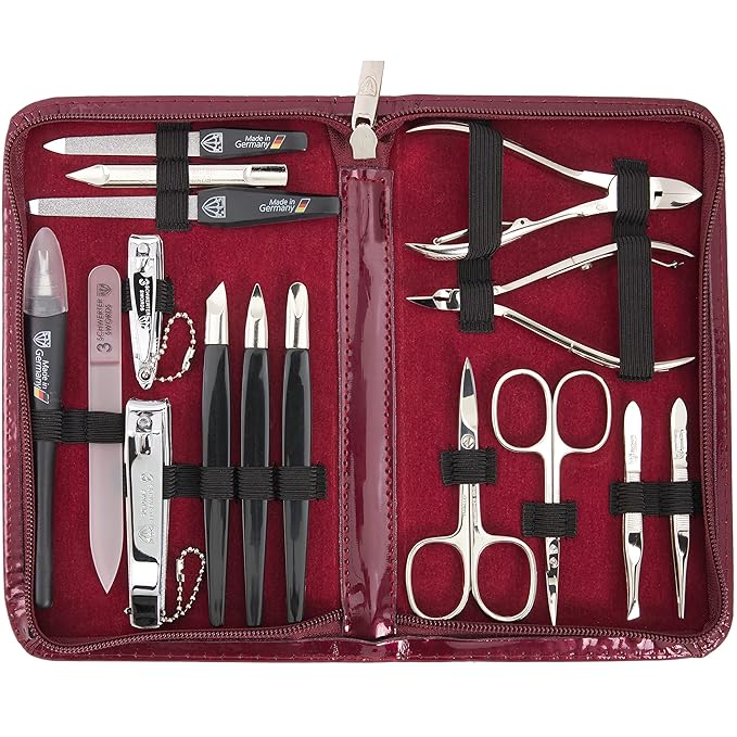 3 Swords Germany - brand quality 16 piece manicure pedicure grooming kit set for professional finger & toe nail care scissors clipper synthetic leather case in gift box, Made in Germany