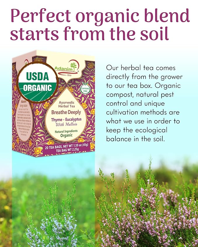 Adanim Bio Eucalyptus Mullein Tea, 40 Teabags of Organic Eucalyptus, Thyme, and Mullein. Providing Health Benefits to the Lungs. USDA-certified and Kosher tea