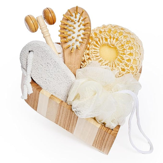 Bella Ciao Body and Skin Care Set, 6-PC, Face Massage Roller, Hair Brush, Pumice Stone, Loofah, Exfoliating Sponge, Wooden Tray Gift Basket, Bath and Body Gift Set, Valentines Day Gifts for Her