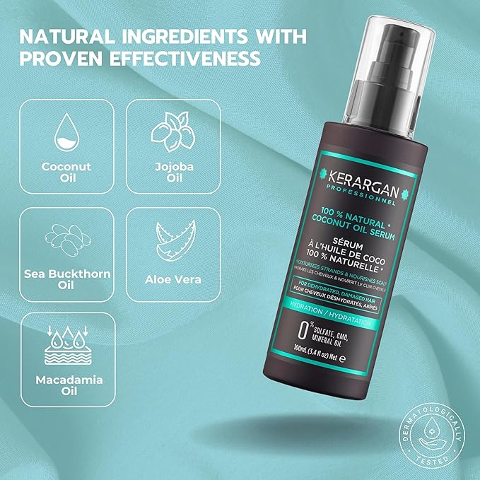 KERARGAN - Moisturizing Coconut Oil Serum - Protection & Nutrition for Dry and Damaged Hair - Radiance and Softness - Free of sulfates and GMOs - 3.4 Fl oz