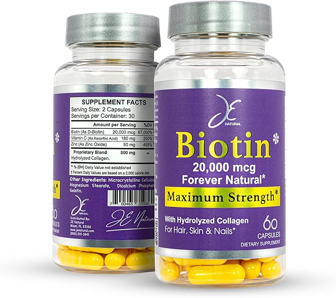 Biotin Hair Skin and Nails Vitamins, Vitamin C, Biotin and Collagen Supplements That Make Hair Grow Faster and Longer, for All Ages, 60 Capsules of Biotin 20000mcg Maximum Strength.