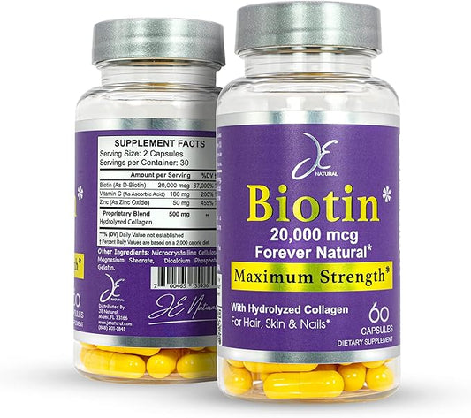 Biotin Hair Skin and Nails Vitamins, Vitamin C, Biotin and Collagen Supplements That Make Hair Grow Faster and Longer, for All Ages, 60 Capsules of Biotin 20000mcg Maximum Strength.