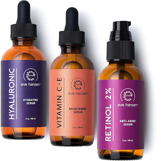 Eve Hansen Full-Size Anti-Aging Serum Set with Hyaluronic Acid, Vitamin C, and Retinol Serums for Improved Appearance of Wrinkles and Fine Lines, Dark Spots, and Skin Firmness 3 x 2 oz