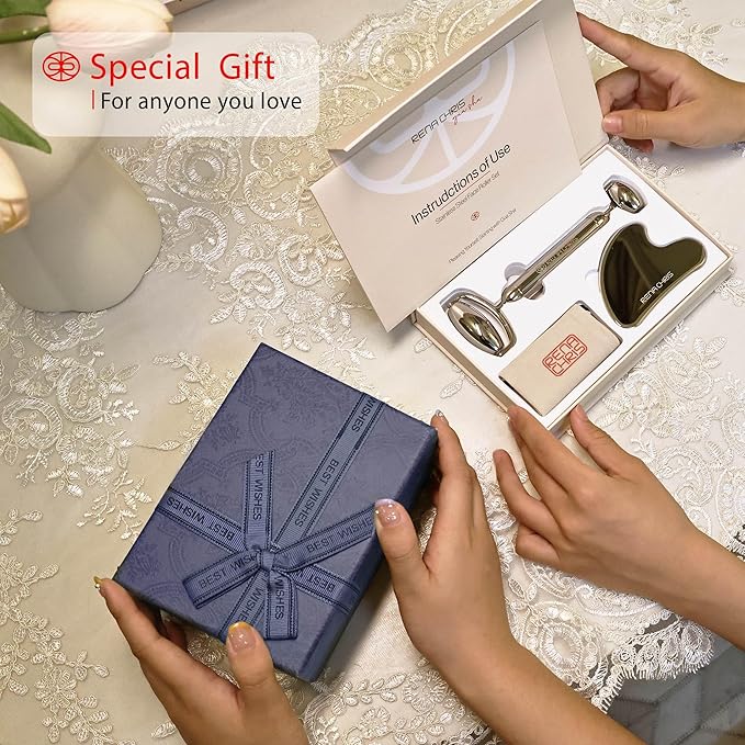 Rena Chris Gua Sha and Face Roller Set: Anti-Breakage Stainless Steel Roller for Long-Lasting Use, Jawline Sculpting and Puffiness Reducing, Gua Sha Facial Tools for Self Care Gift (Silver)